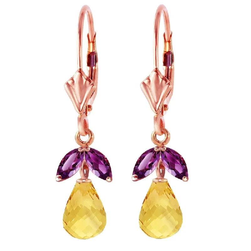 gothic-inspired hawk claw earrings-3.4 Carat 14K Solid Rose Gold Leverback Earrings Citrine Amethyst