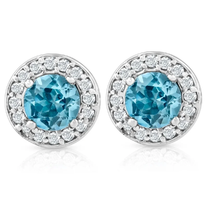 raw turquoise accent earrings-3/4ct Halo Diamond Blue Topaz Studs 14K White Gold