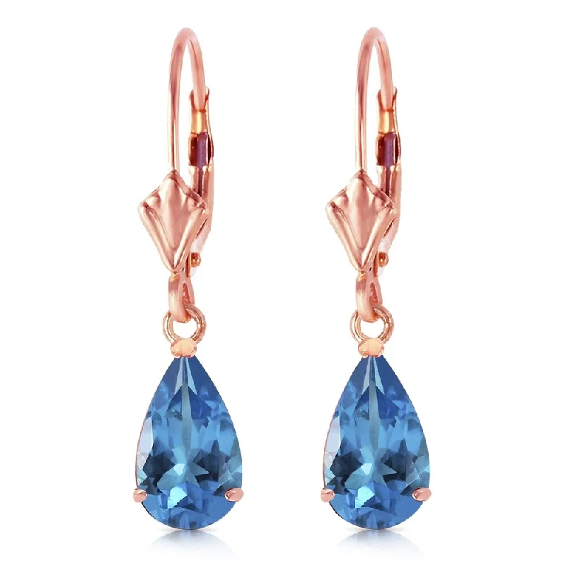 matte silver tier earrings-3.77 Carat 14K Solid Rose Gold Leverback Earrings Blue Topaz