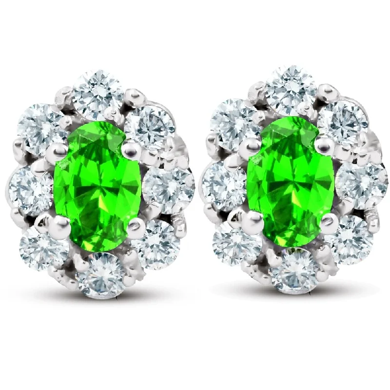 gothic-inspired bear claw earrings-3 Ct Peridot & Diamond Halo Studs 14k White Gold