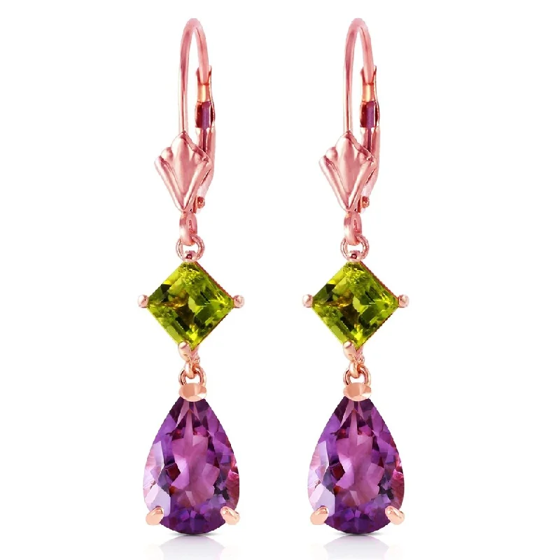 modern sleek peak ridge earrings-4.5 Carat 14K Solid Rose Gold Leverback Earrings Amethyst Peridot