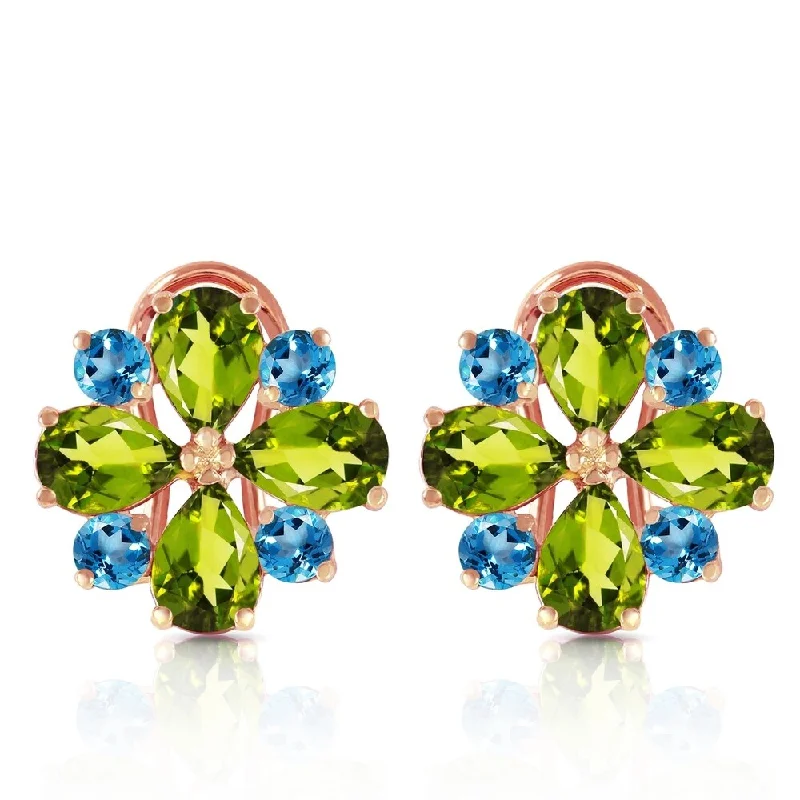 floral prong diamond earrings-4.85 Carat 14K Solid Rose Gold French Clips Earrings Peridot Blue Topaz