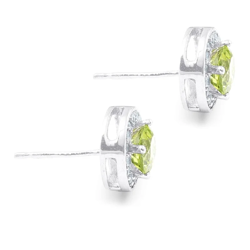 raw turquoise cluster earrings-5/8ct Halo Diamond Peridot Studs 14K White Gold