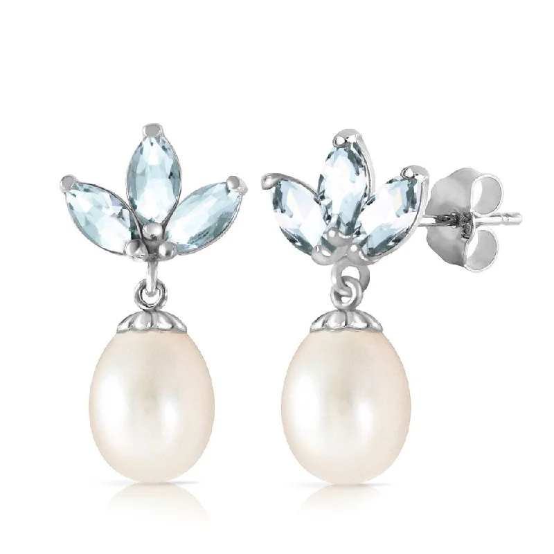 adjustable tin stud earrings-9.5 Carat 14K Solid White Gold Dangling Earrings pearl Aquamarine