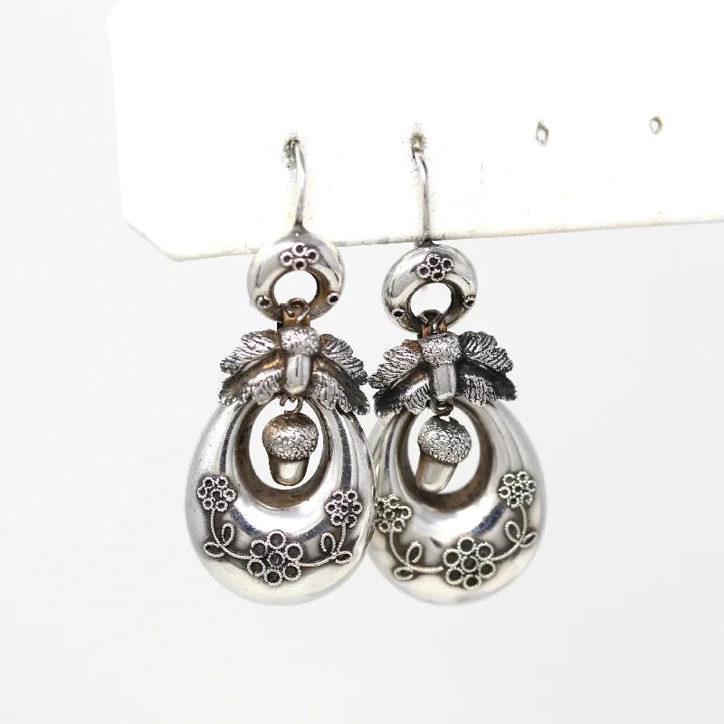 inscribed heritage drop earrings-Antique Acorn Earrings - Victorian Sterling Silver Dangle Drop Figural Hollow Pair - Circa 1890s Era Fashion Accessories Flower Leaf Jewelry