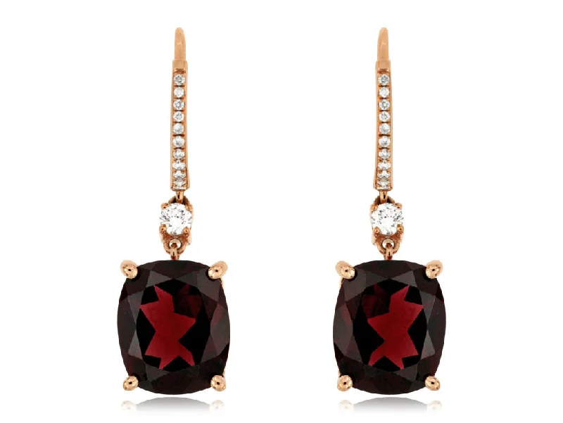 bold ruby cluster earrings-Bremer Jewelry Cushion Rhodolite Garnets and Diamonds Drop Earrings in 14K Rose Gold (10.05ctw)