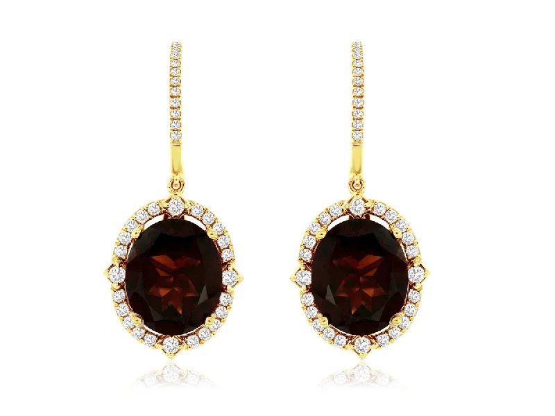 nature-themed willow earrings-Bremer Jewelry Oval Garnet and Diamond Drop Earrings in 14K Yellow Gold (11.70ctw)