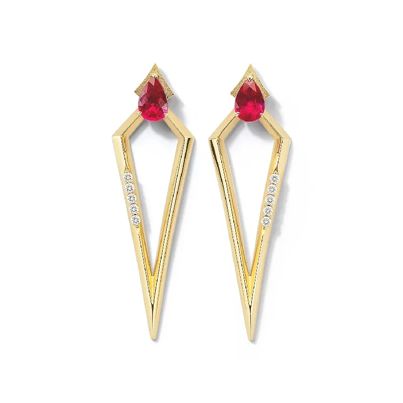 vintage-style sapphire earrings-Bremer Jewelry Pear Shaped Rubies and Diamonds Drop Earrings in 18K Yellow Gold (1.06ctw)