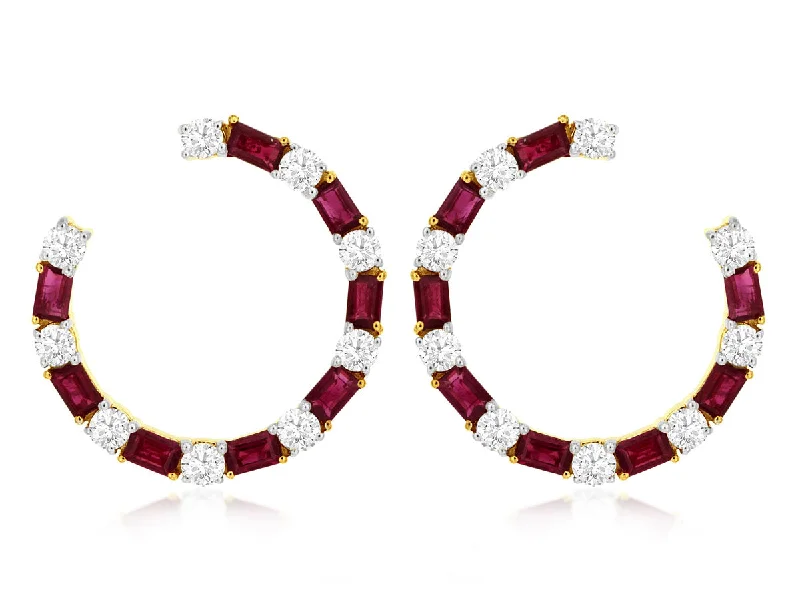 striking ruby dangle earrings-Bremer Jewelry Straight Baguette Rubies and Diamonds Medium Hoop Earrings in 14K Yellow Gold (2.80ctw)