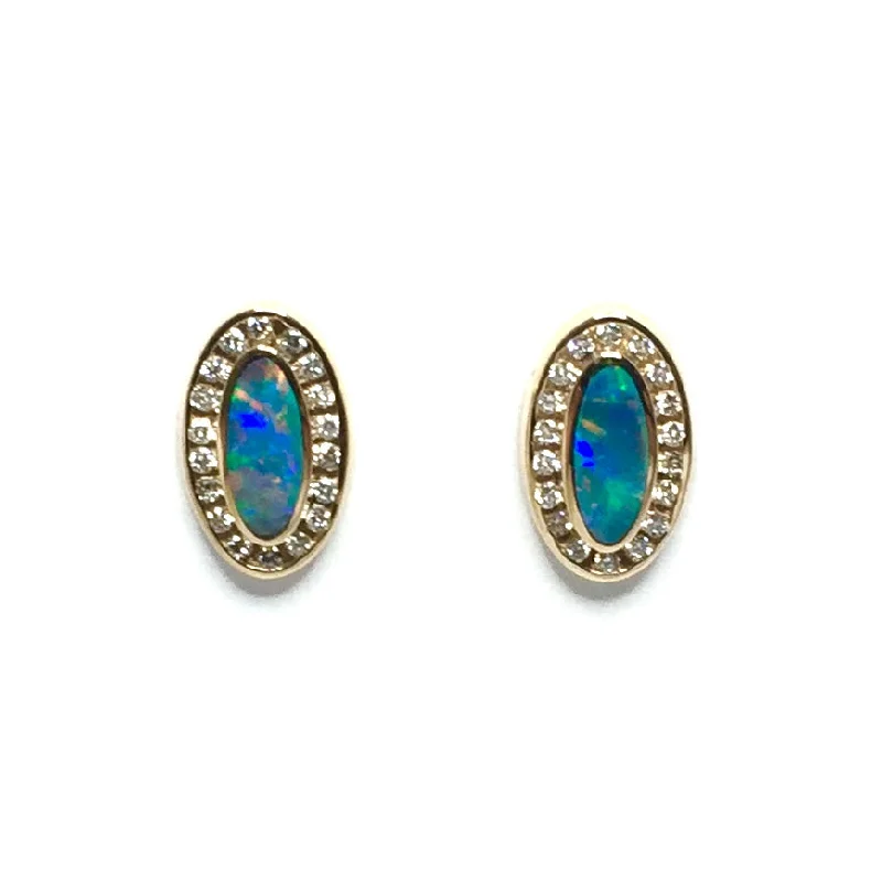 floral-inspired turquoise earrings-Opal Earrings Oval Inlaid Design with .37ctw Round Diamonds Halo