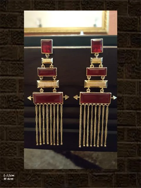 tarnished silver hoop earrings-Red rectangular stones with long chains earring