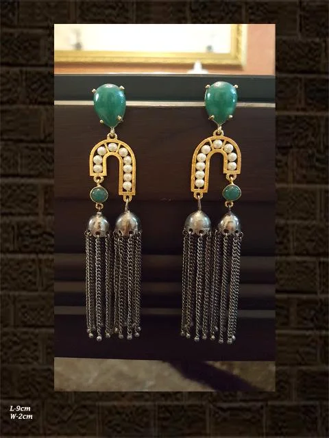 adjustable tin stud earrings-GREEN stone double jhoomki earring with tassel in black and gold polish