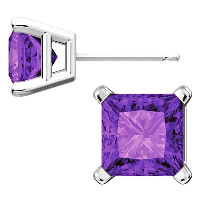 floral-inspired turquoise earrings-Sterling Silver Princess Cut Amethyst Ice CZ Basket Set Stud Earrings