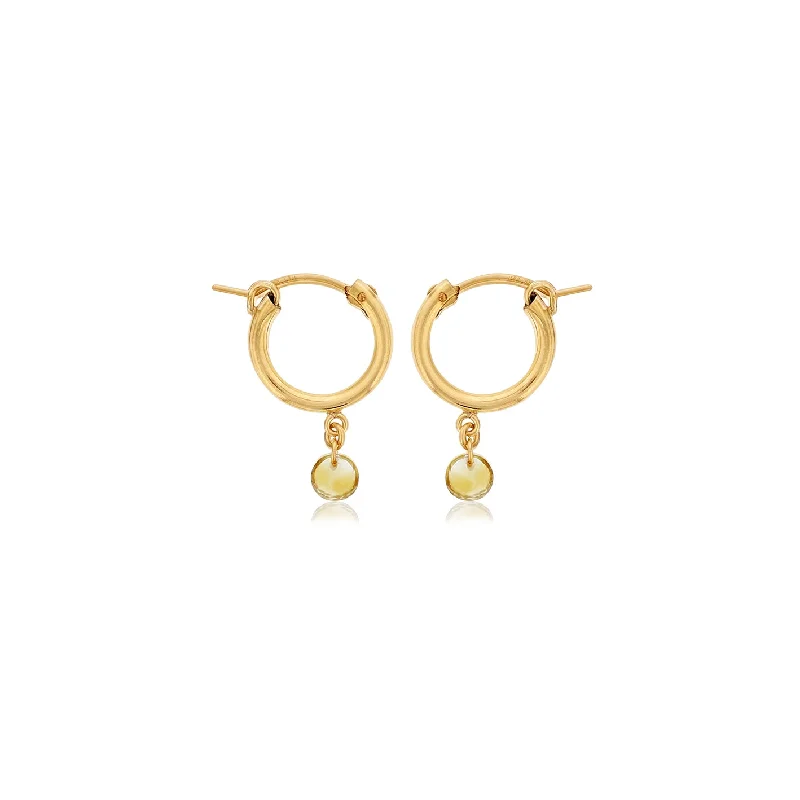 nature-themed crest peak earrings-Dee Berkley Round Shape Citrine Small Hoop Earrings in Yellow Gold Filled