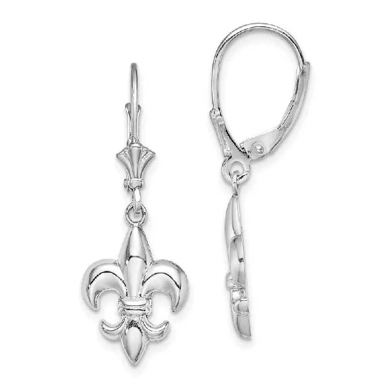 raw opal cluster earrings-Diamond2Deal 14K White Gold Small Fleur-de-Lis Dangle Earrings (L- 33 mm, W- 11.5 mm)