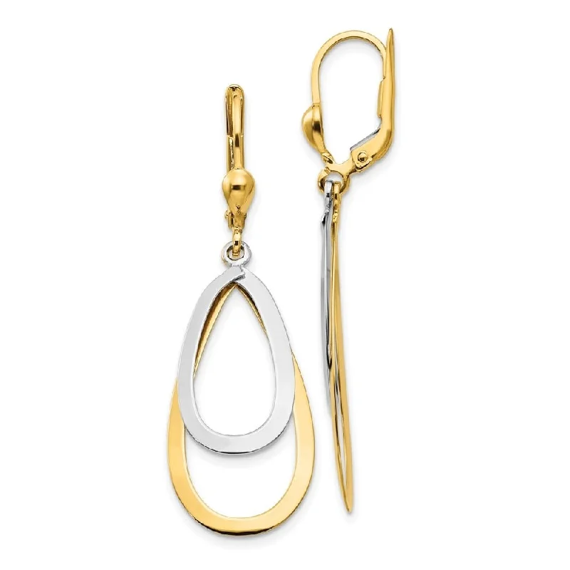 minimalist crest summit earrings-Diamond2Deal 14K Yellow and White Gold Oval Tear Drop Dangle Earrings with Leverback (L-48 mm, W-14 mm)