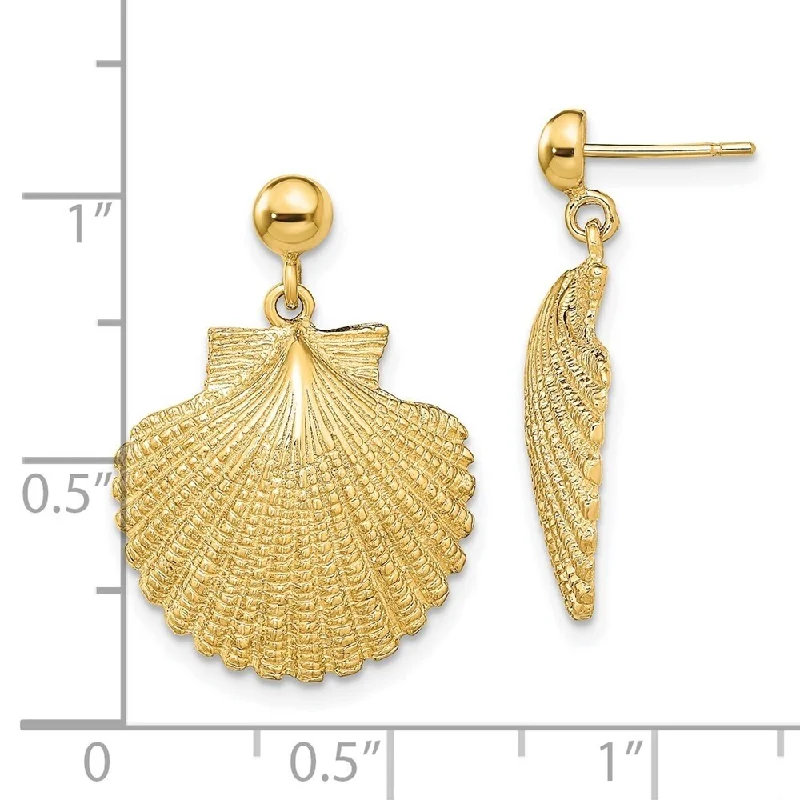 nature-themed ridge crest earrings-Diamond2Deal 14K Yellow Gold Scallop Dangle Earrings (L-24.3 mm, W-17.3 mm)