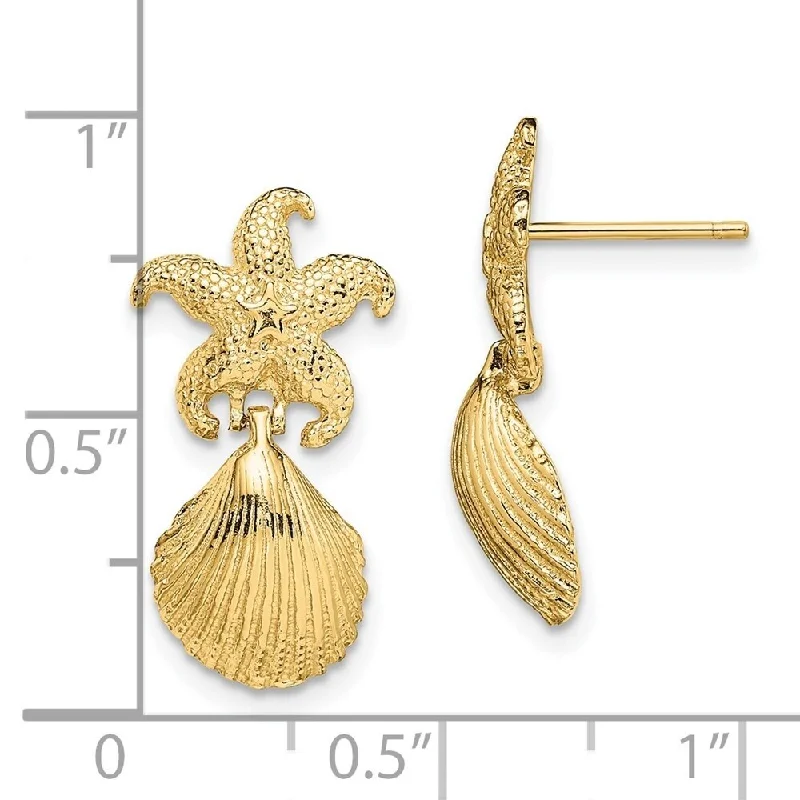 bold emerald prong earrings-Diamond2Deal 14K Yellow Gold Starfish and Scallop Shell Dangle Earrings (L-21.9 mm, W-11.4 mm)