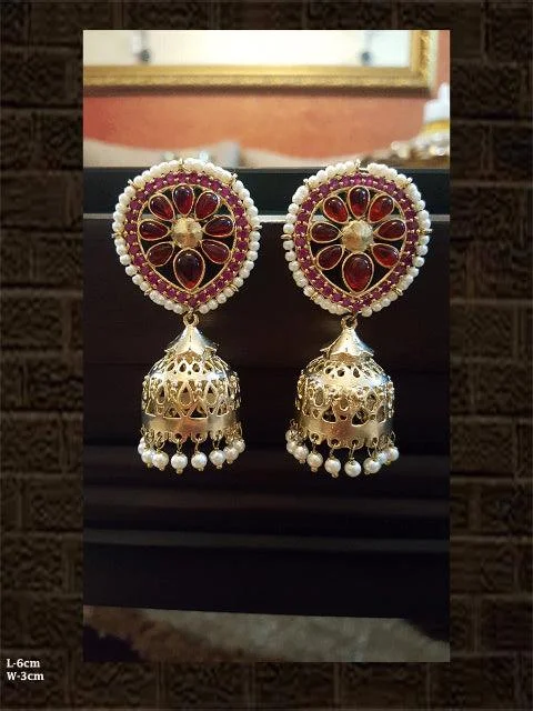 bold ruby summit peak earrings-Intricate work red stone jhoomki with beads