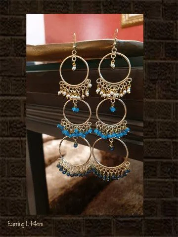 detailed filigree sapphire earrings-Three ring long handmade earring with white,ferozi and navy-blue beads