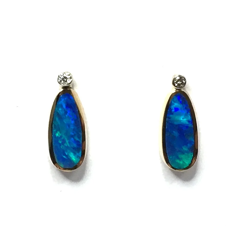 modern arched drop earrings-Opal Earrings Tear Drop Inlaid Design with .04ctw Round Diamonds