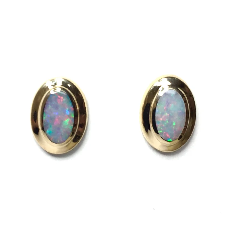 floral eternity sapphire earrings-Opal Earrings Oval Inlaid Design Studs