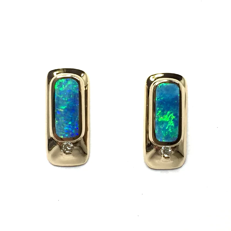 modern tiered sapphire earrings-Opal Earrings Rectangle Inlaid Design with .05ctw Round Diamonds