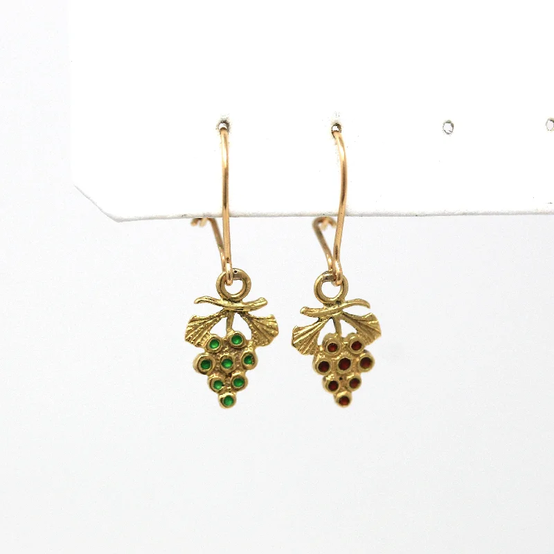 floral prong diamond earrings-Sale - Grape Cluster Earrings - Modern 18k Yellow Gold Green Red Enamel Dangle Drop - Estate Circa 2000's Era Vine Leaf Berries Wine Jewelry