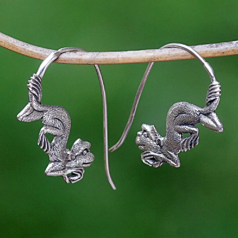 adjustable crest ridge earrings-Handcrafted Sterling Silver 'Reposing Monkey' Earrings (Indonesia) - 1.2