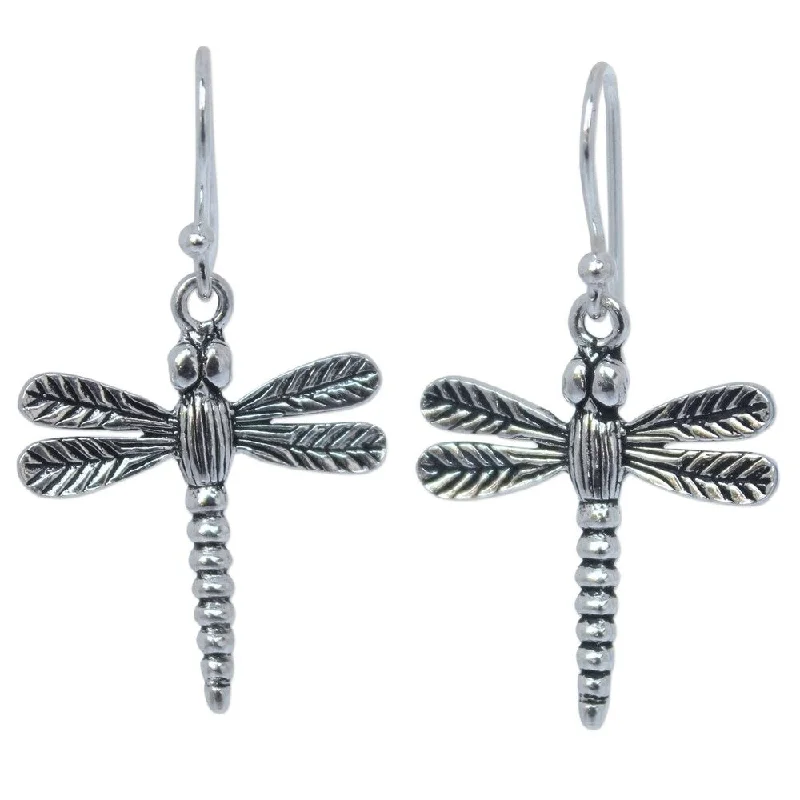 inscribed forever drop earrings-Handmade Mekong Dragonflies Sterling Silver Dangle Earrings (Thailand)