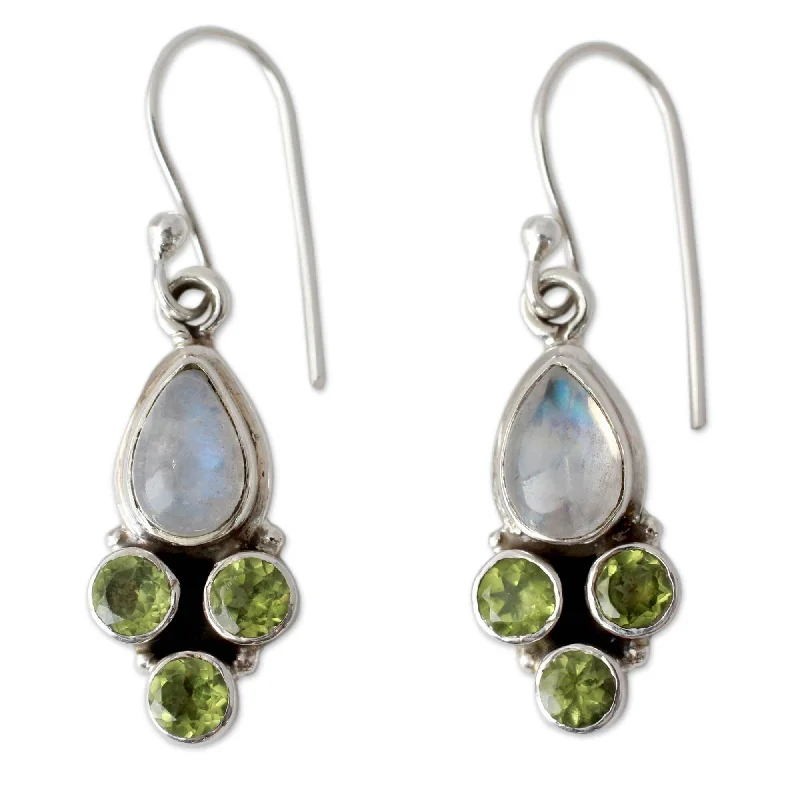 raw ruby accent earrings-Handmade Rainbow Moonstone and Peridot Dangle Earrings, 'Moonlit Meadow' (India) - 1.5*0.4