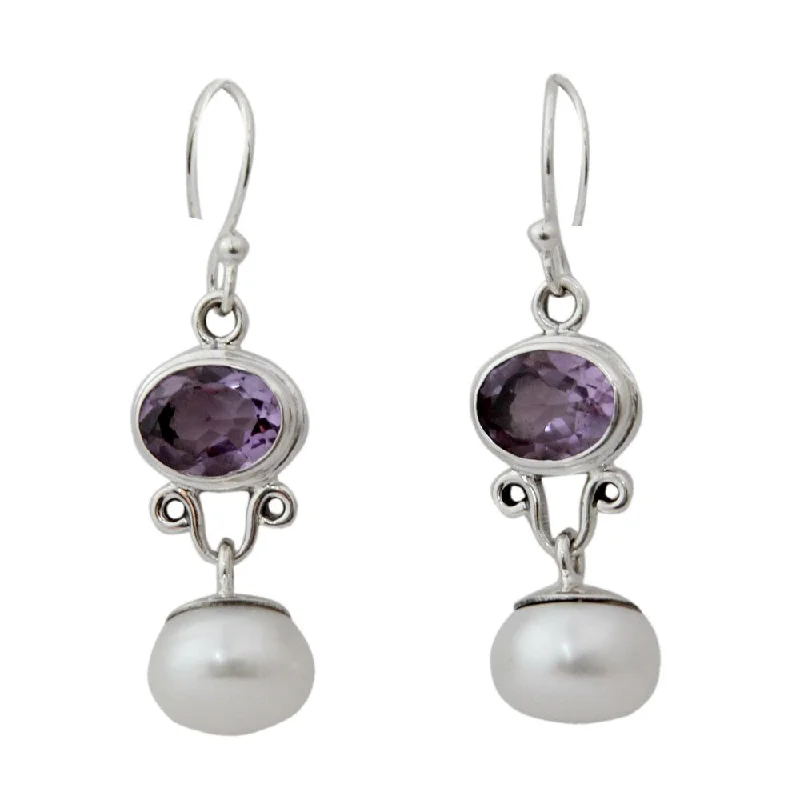 matte gold tier earrings-Handmade Silver 'Dazzling Delhi' Pearl Amethyst Earrings (9 mm) (India) - 1.6L*0.4W