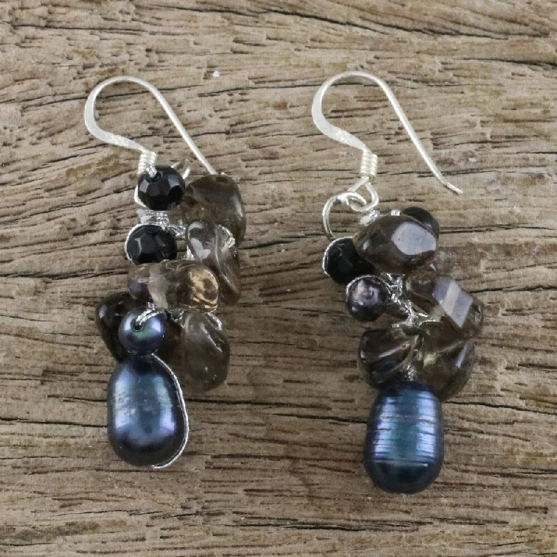 minimalist arc ridge earrings-Handmade Silver Pearl and Smokey Quartz Surreal Earrings (Thailand)