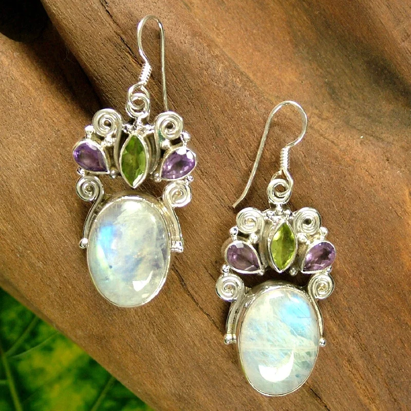 vintage-style turquoise earrings-Handmade Sterling Silver 'Aura' Multi-gemstone Earrings (India)