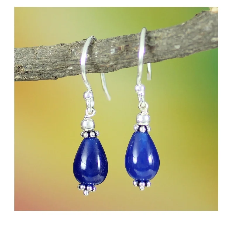 inscribed tradition stud earrings-Handmade Sterling Silver 'Blue Dewdrop' Blue Chalcedony Earrings (India) - 1.2*0.3