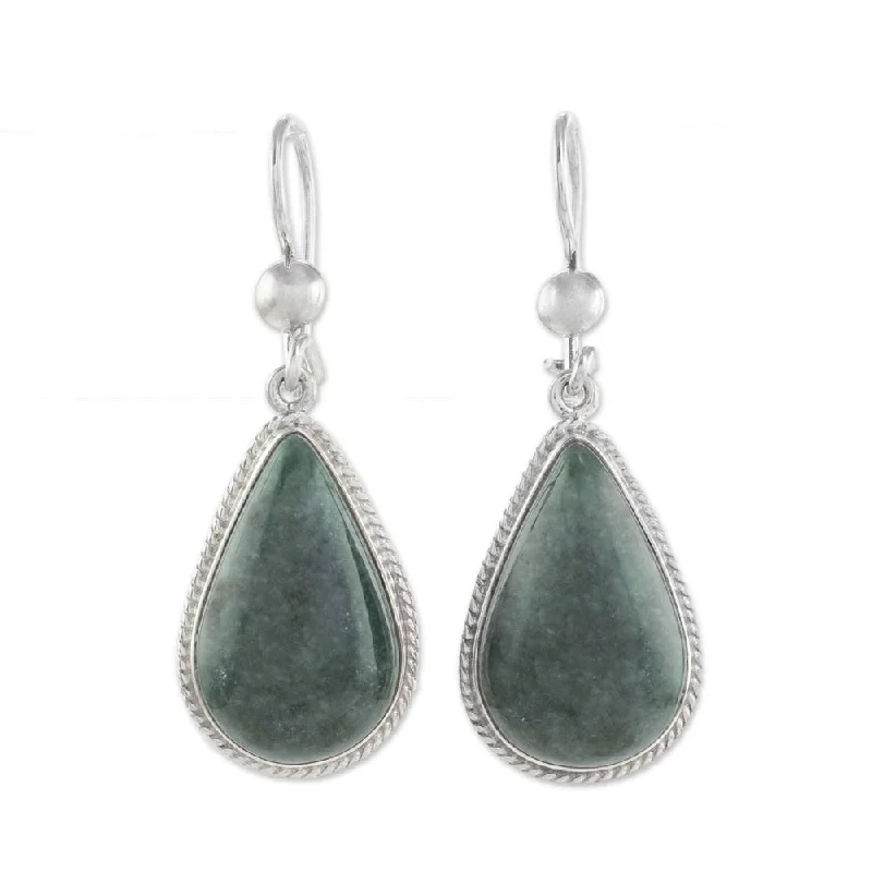 matte bronze spiral earrings-Handmade Sterling Silver 'Dark Green Sacred Quetzal' Jade Earrings (Guatemala) - 1.7 " L x 0.6" W x 0.2 " D