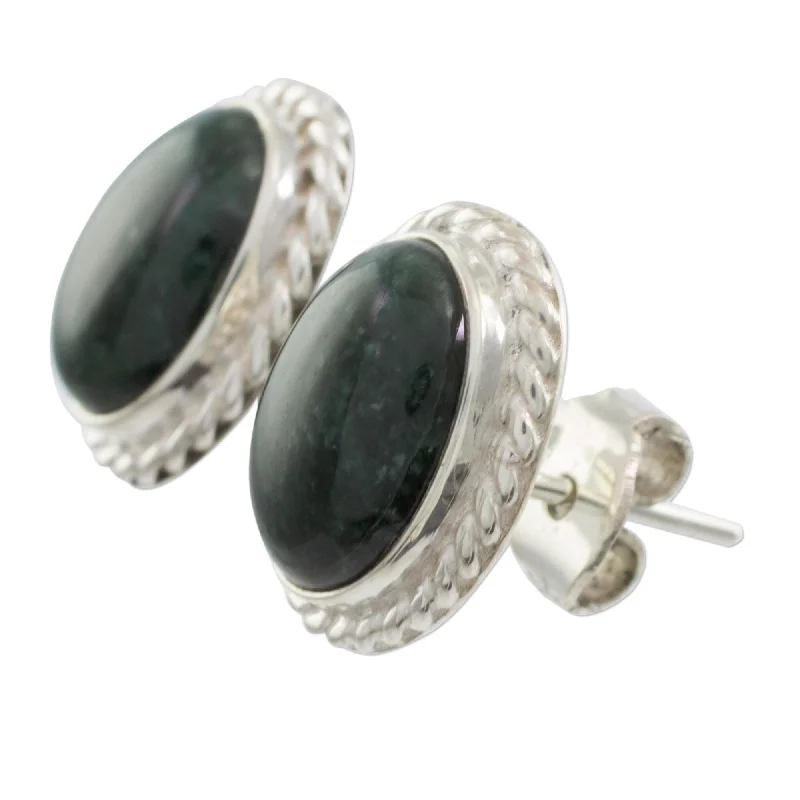 inscribed tradition stud earrings-Handmade Sterling Silver 'Dark Mystique' Jade Earrings (Guatemala) - 0.5L*0.4W