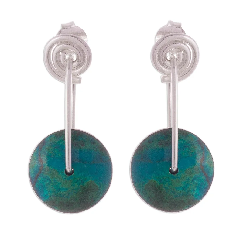 raw amethyst statement earrings-Handmade Sterling Silver 'Magic Circle' Chrysocolla Earrings (Peru)