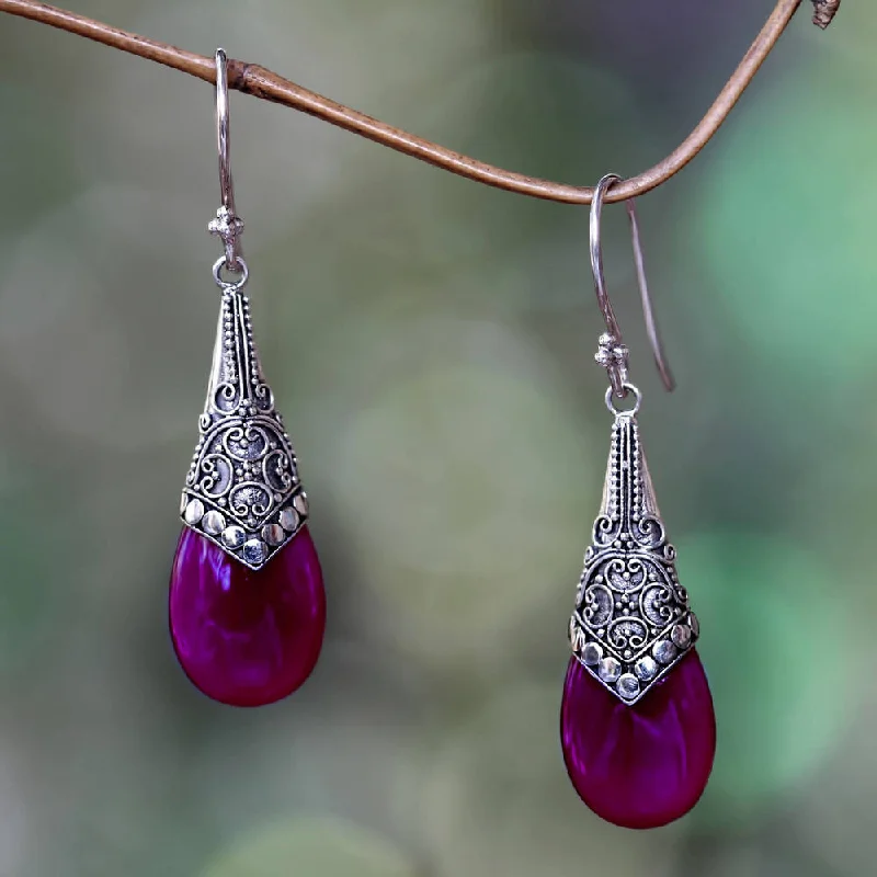 detailed filigree sapphire earrings-Handmade Sterling Silver 'Puncak Jaya in Pink' Chalcedony Earrings (Indonesia) - 1.9*0.5