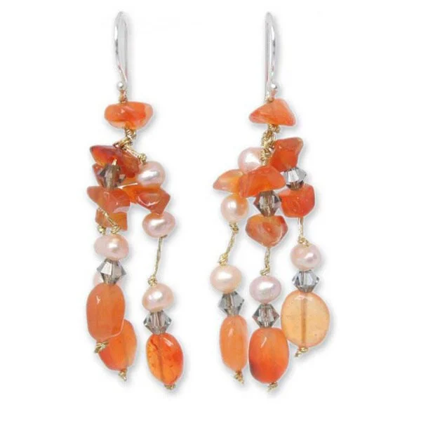 floral-inspired opal earrings-Handmade 'Tangerine Ice' Freshwater Pearl Carnelian Earrings (4 mm) (Thailand)