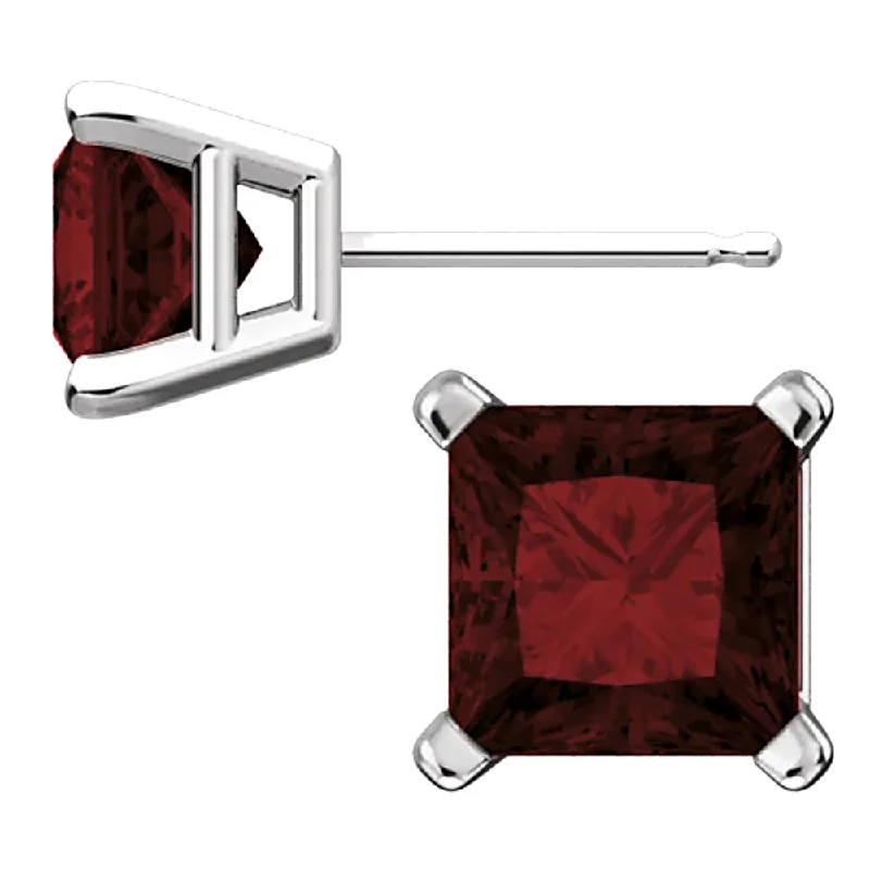 art deco opal earrings-Sterling Silver Princess Cut Garnet Ice CZ Basket Set Stud Earrings