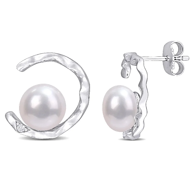 inscribed dynasty drop earrings-Miadora 7.5-8mm Cultured Freshwater Pearl and Created White Sapphire Open Wave Stud Earrings in Sterling Silver