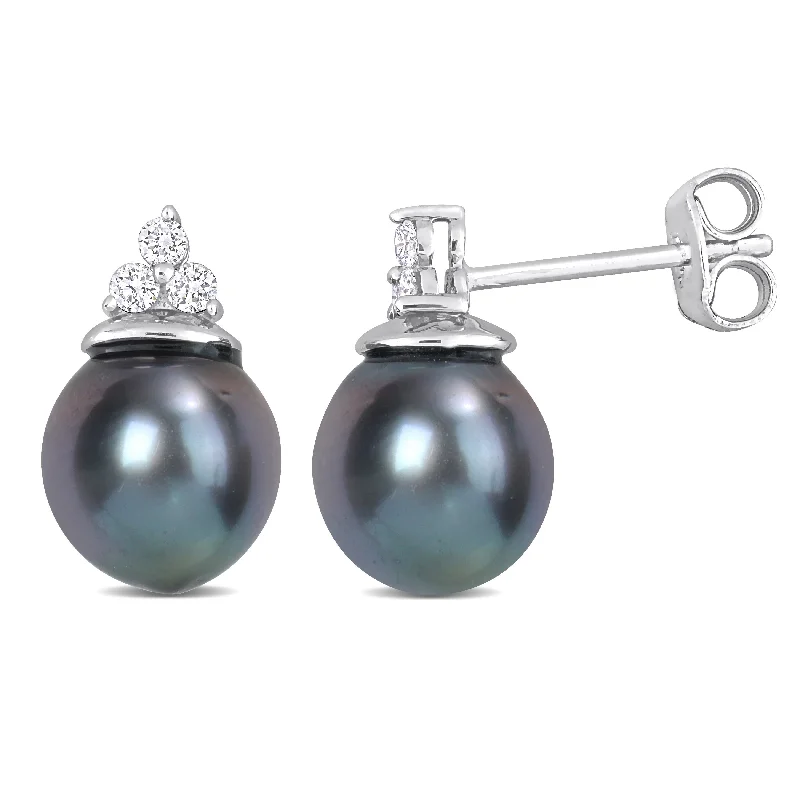 vintage-inspired ruby earrings-Miadora 8-8.5mm Black Tahitian Cultured Pearl and 1/8 CT TW Diamond Stud Earrings in Sterling Silver