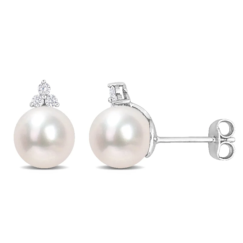 minimalist curve peak earrings-Miadora 8-8.5mm Cultured Freshwater Pearl and 1/8ct TDW Diamond Pearl Stud Earrings in Sterling Silver