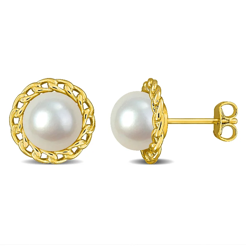 bold sapphire summit peak earrings-Miadora 8-8.5mm Cultured Freshwater Pearl Halo Link Stud Earrings in Yellow Silver