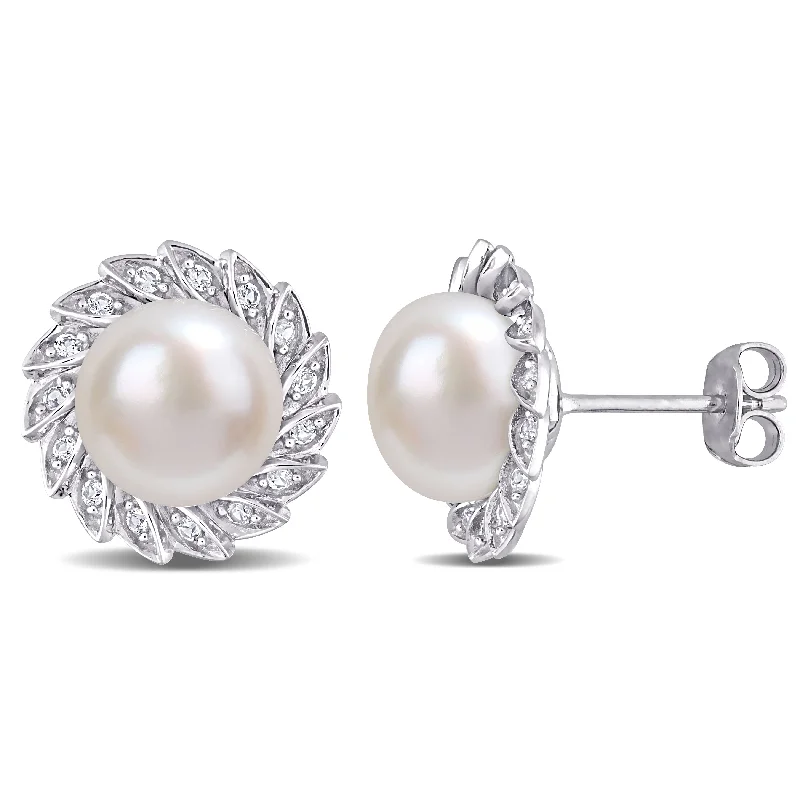 bold ruby summit peak earrings-Miadora 9.5-10mm Cultured Freshwater Pearl and 1/3ct TGW Created White Sapphire Halo Stud Earrings in Sterling Silver