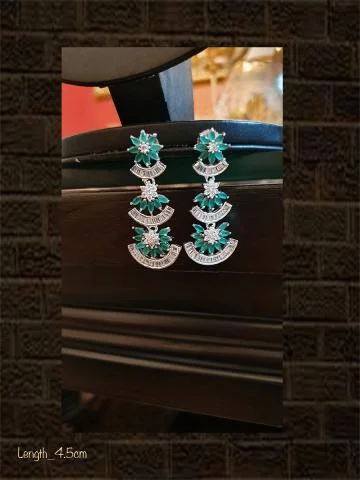 vintage-inspired emerald earrings-Black finish AD and green stone three tier earring