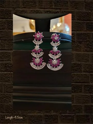 polished silver stellar earrings-Black finish AD and ruby stone three tier earring