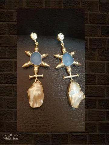 modern sleek stellar earrings-MOP and blue stone long earring