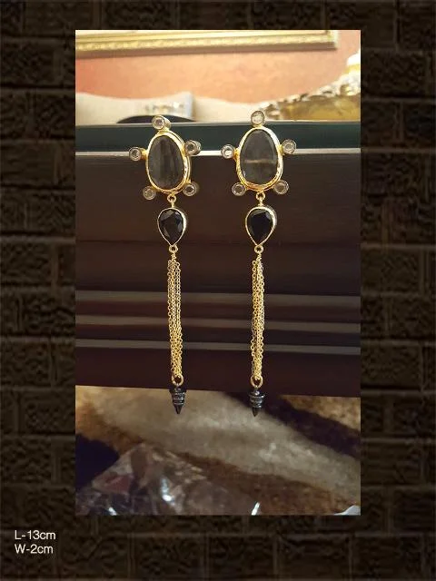 floral-inspired jade earrings-Smoky and black stone long earring with black and gold polish